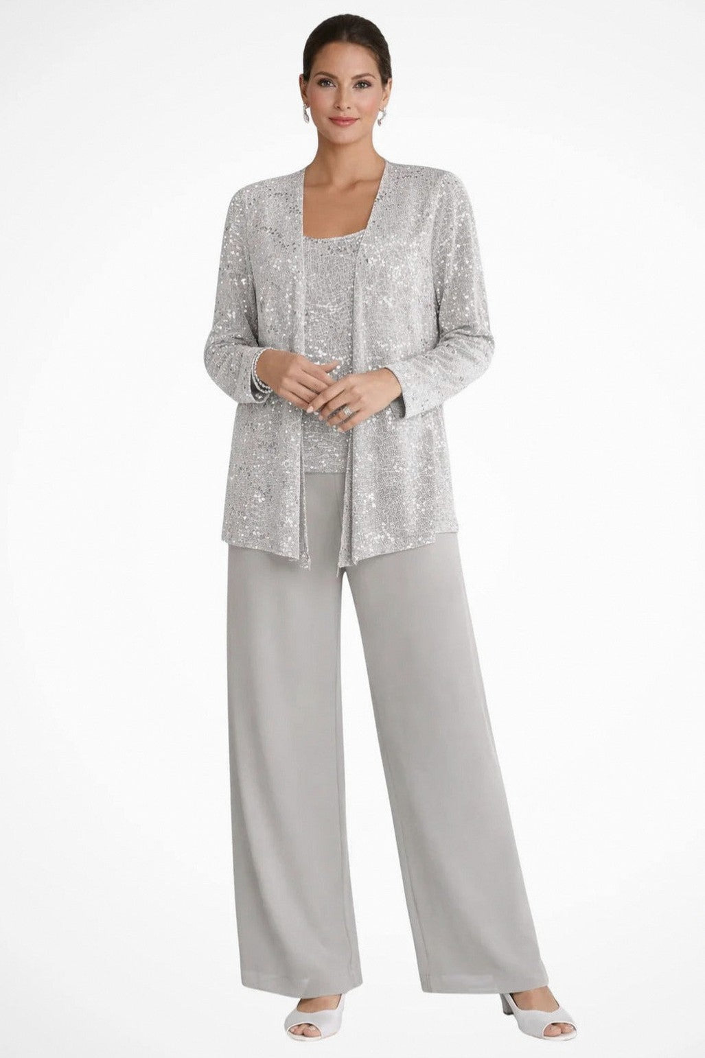 Sequin Lace Jacket and Wide Leg Trousers Three Piece Set