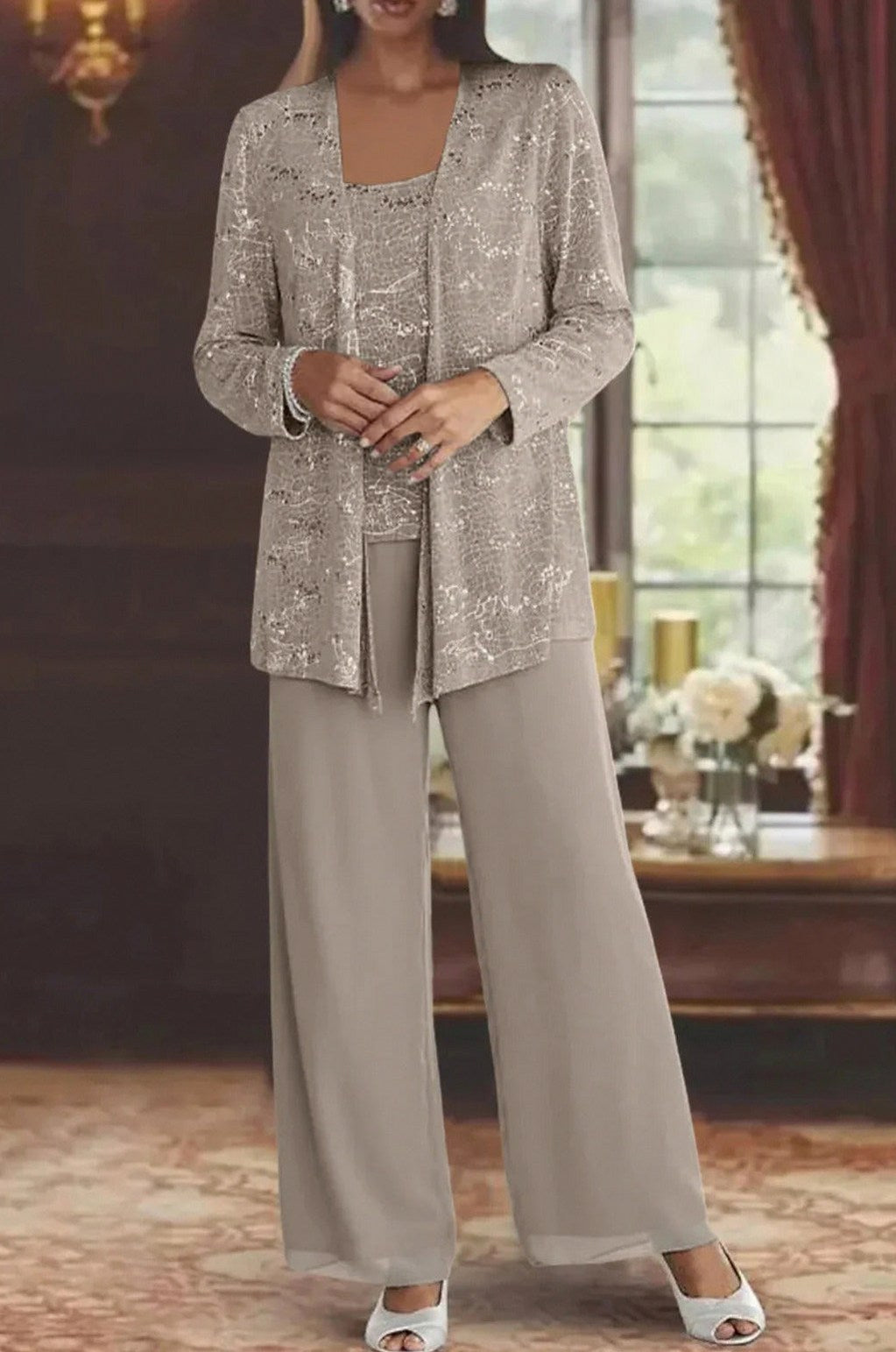 Sequin Lace Jacket and Wide Leg Trousers Three Piece Set