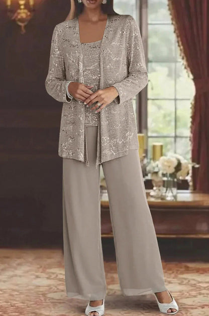 Sequin Lace Jacket and Wide Leg Trousers Three Piece Set