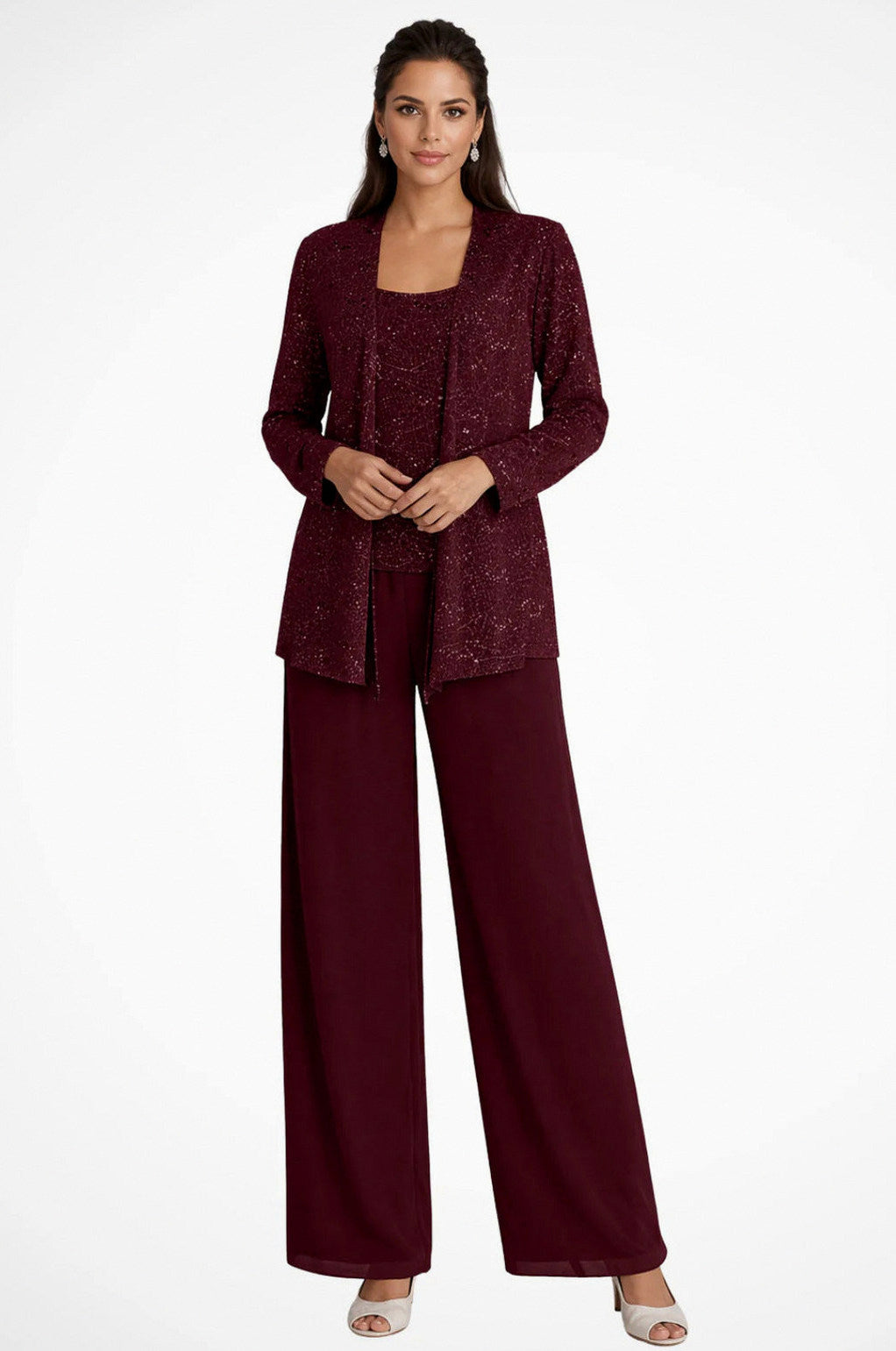 Sequin Lace Jacket and Wide Leg Trousers Three Piece Set