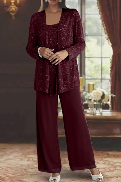 Sequin Lace Jacket and Wide Leg Trousers Three Piece Set