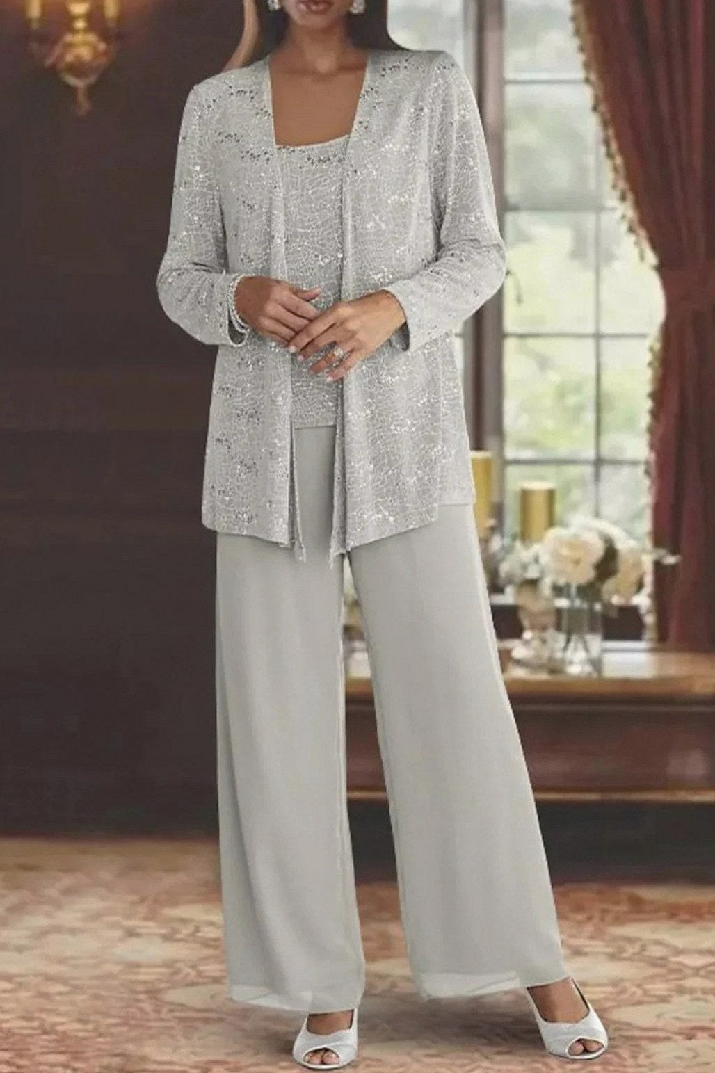 Sequin Lace Jacket and Wide Leg Trousers Three Piece Set