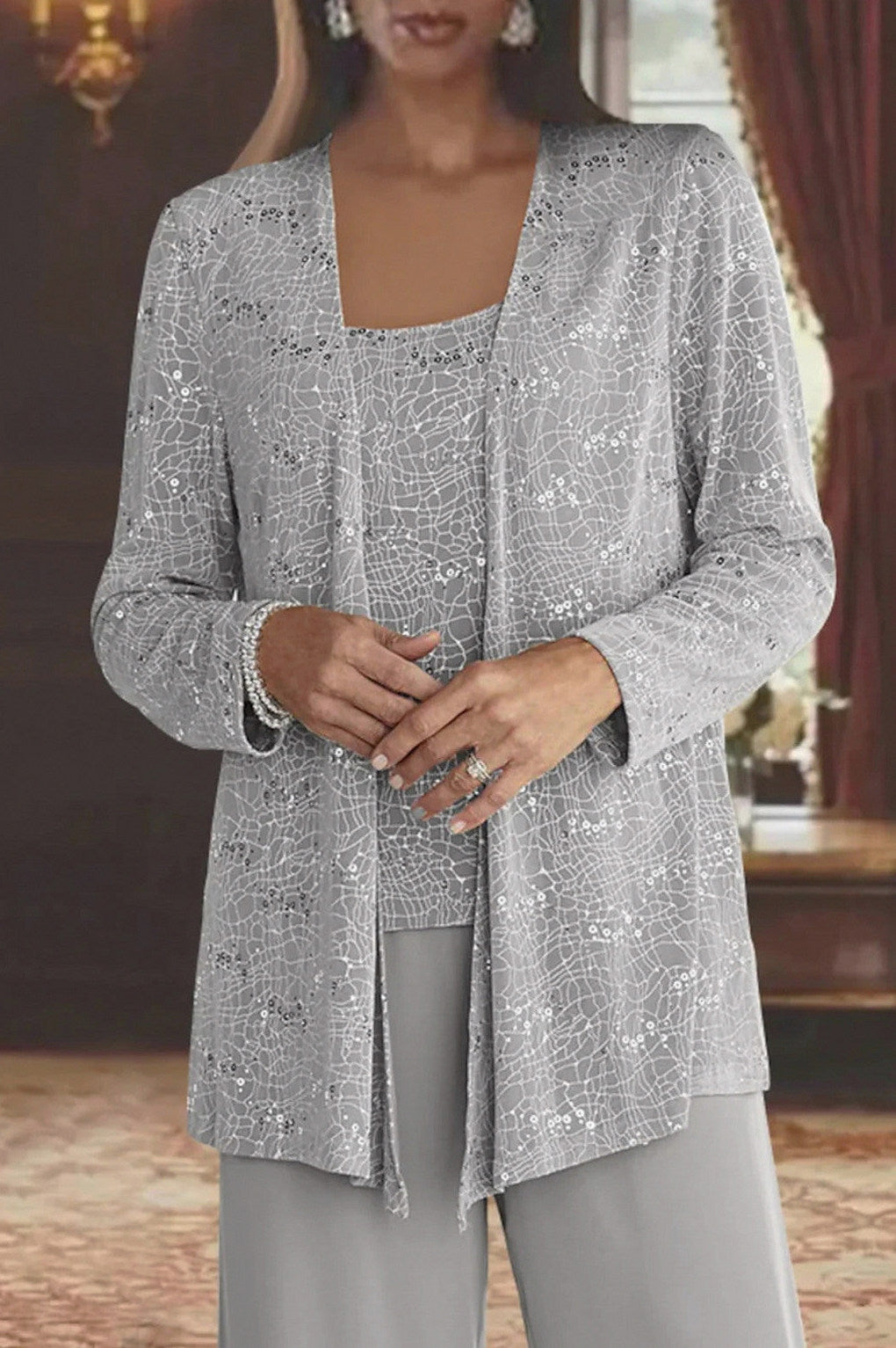 Sequin Lace Jacket and Wide Leg Trousers Three Piece Set