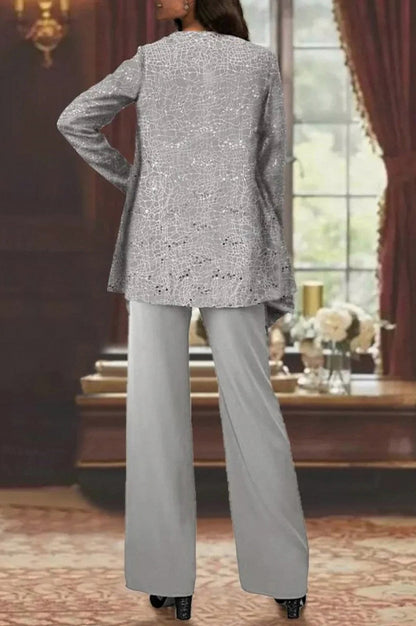 Sequin Lace Jacket and Wide Leg Trousers Three Piece Set