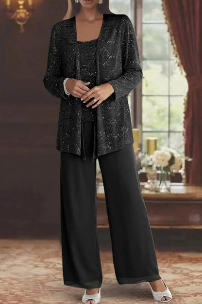 Sequin Lace Jacket and Wide Leg Trousers Three Piece Set