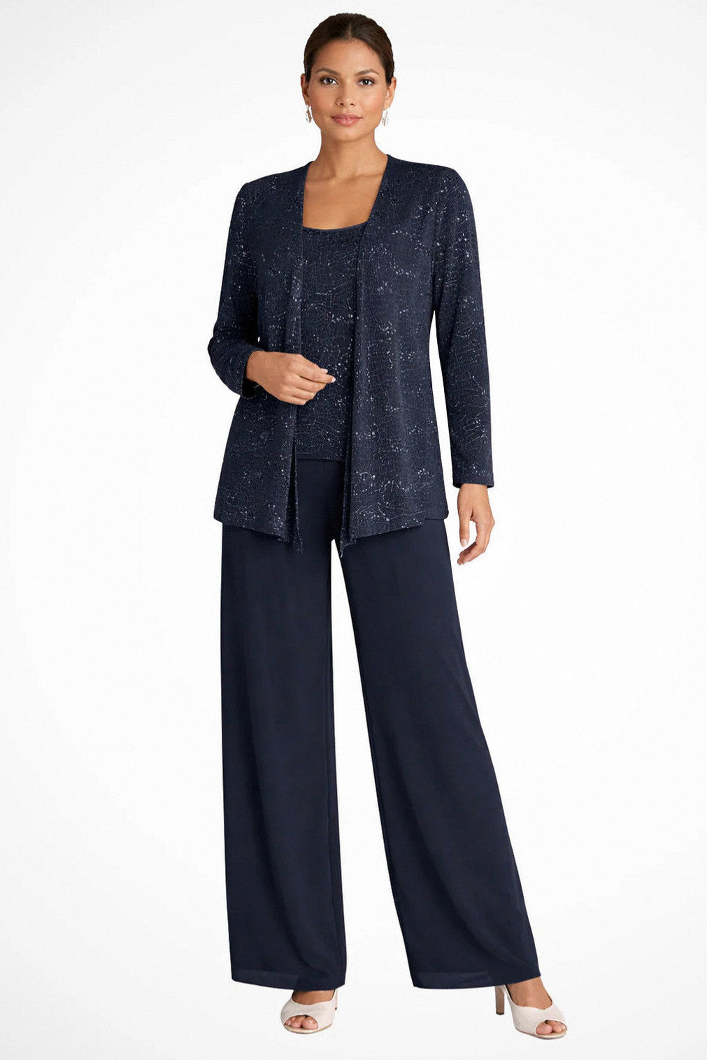 Sequin Lace Jacket and Wide Leg Trousers Three Piece Set