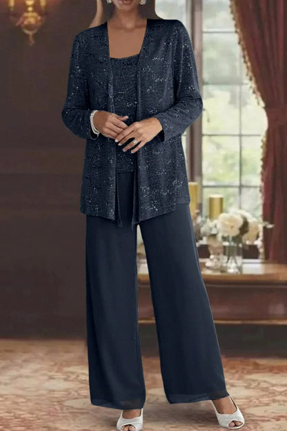 Sequin Lace Jacket and Wide Leg Trousers Three Piece Set