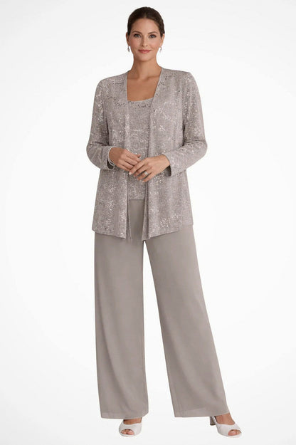 Sequin Lace Jacket and Wide Leg Trousers Three Piece Set