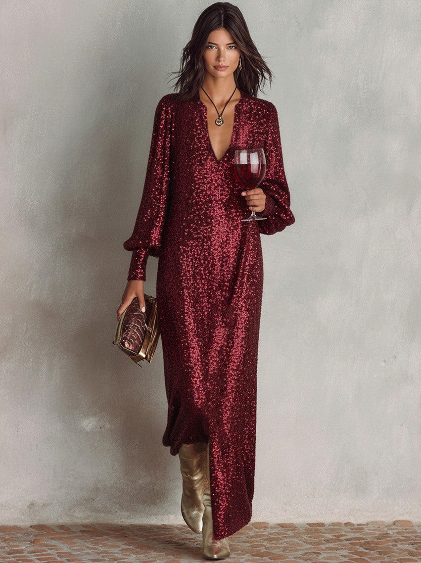 Sequin Long Sleeve Maxi Dress