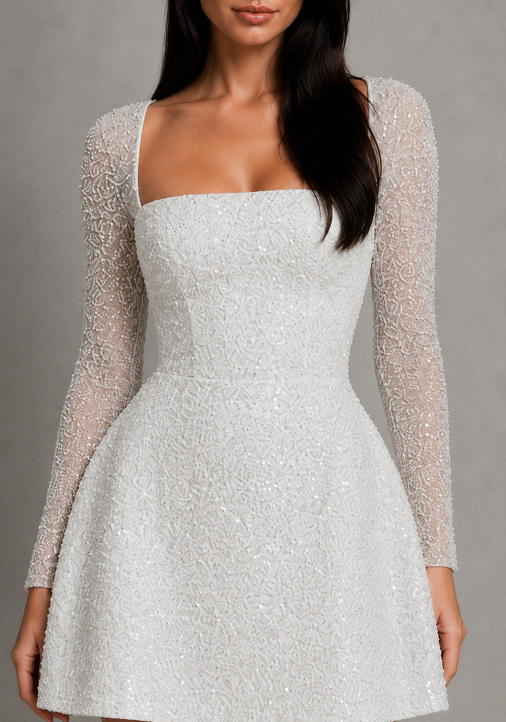 Beaded Square Neck Long Sleeve Mini Dress