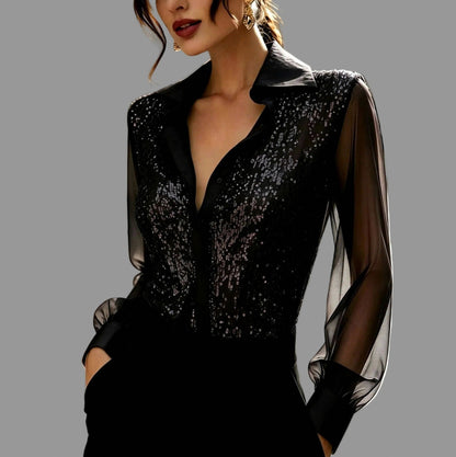 Sequin Mesh Long Sleeve Shirt