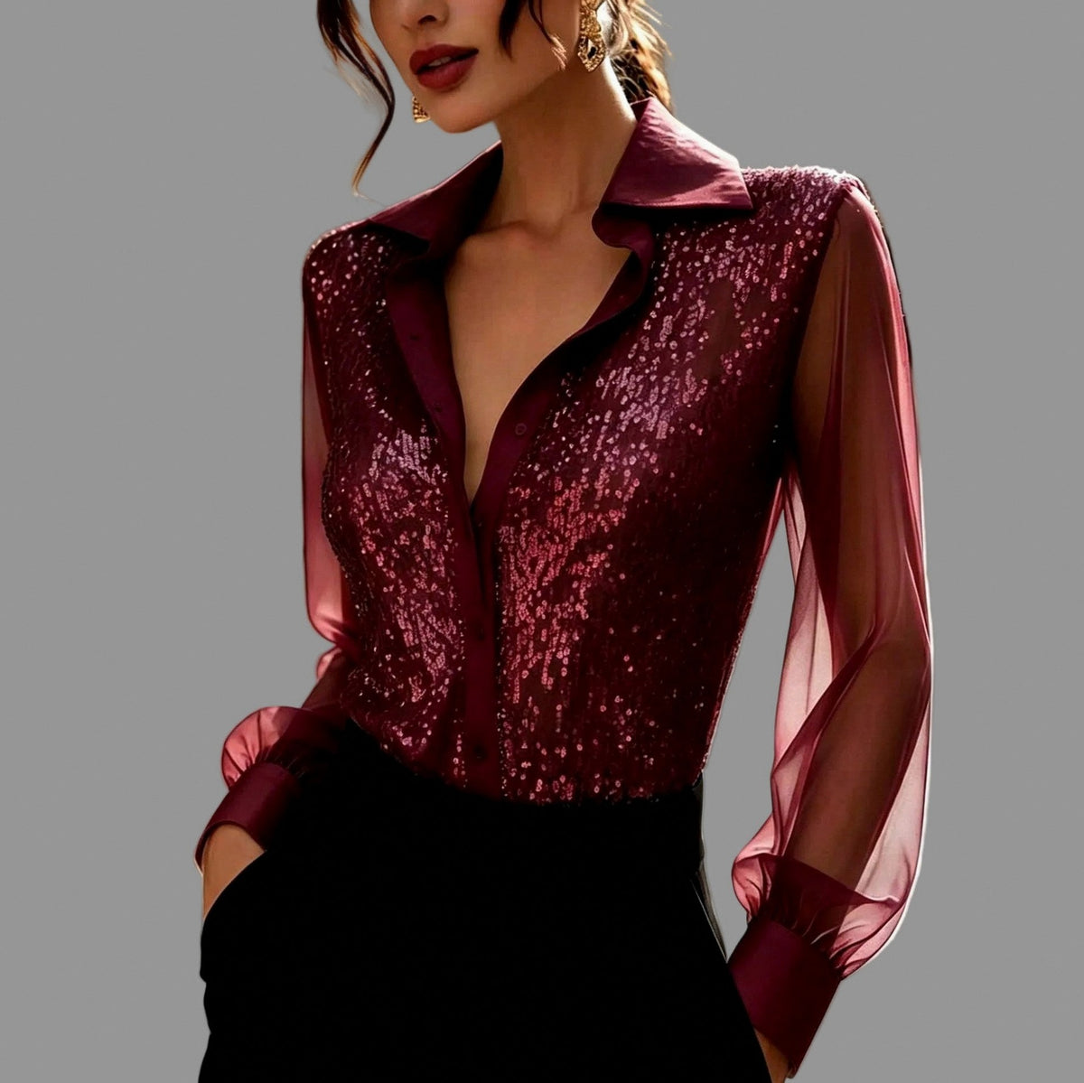 Sequin Mesh Long Sleeve Shirt