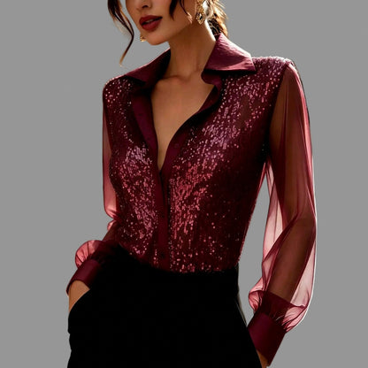 Sequin Mesh Long Sleeve Shirt