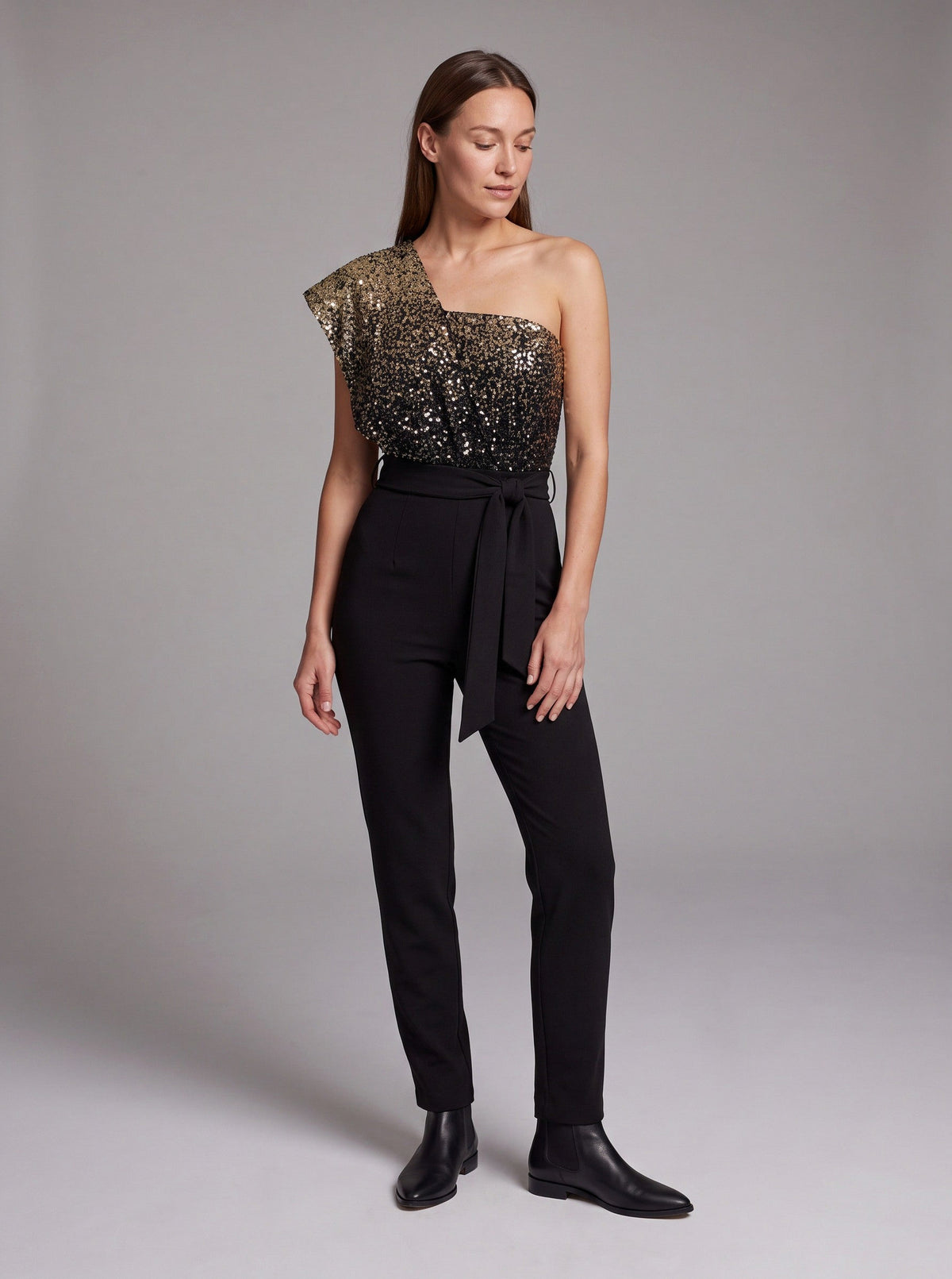 Sequin One Shoulder Tapered Leg Jumpsuit