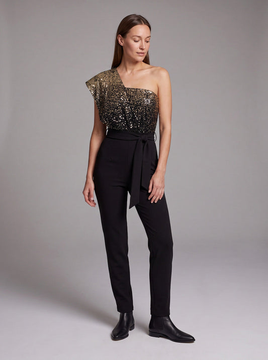 Sequin One Shoulder Tapered Leg Jumpsuit