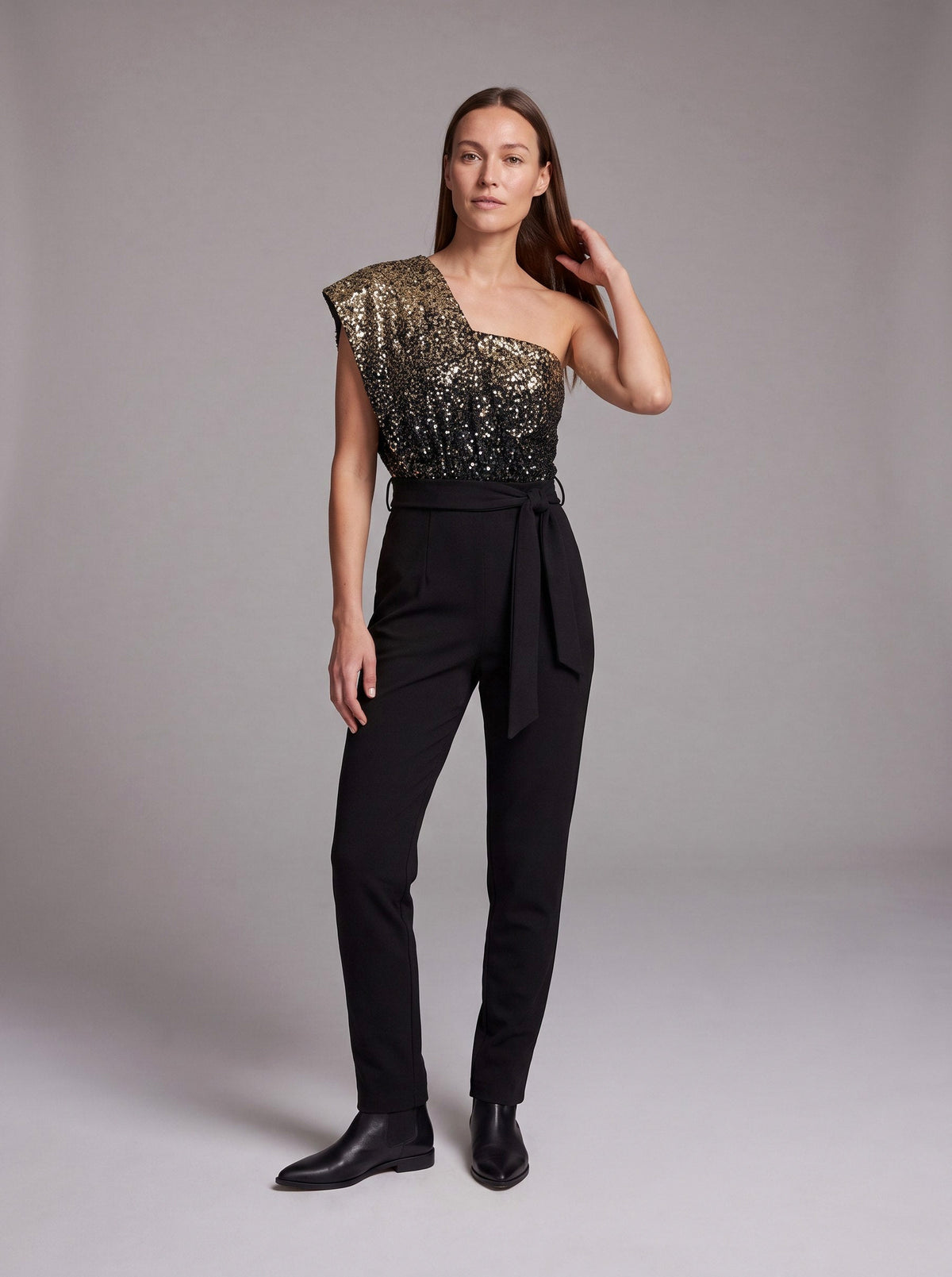 Sequin One Shoulder Tapered Leg Jumpsuit