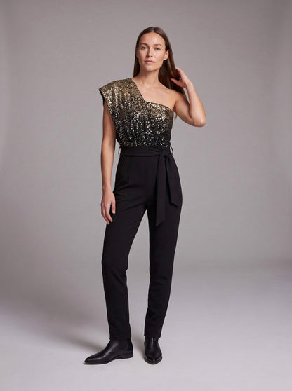 Sequin One Shoulder Tapered Leg Jumpsuit