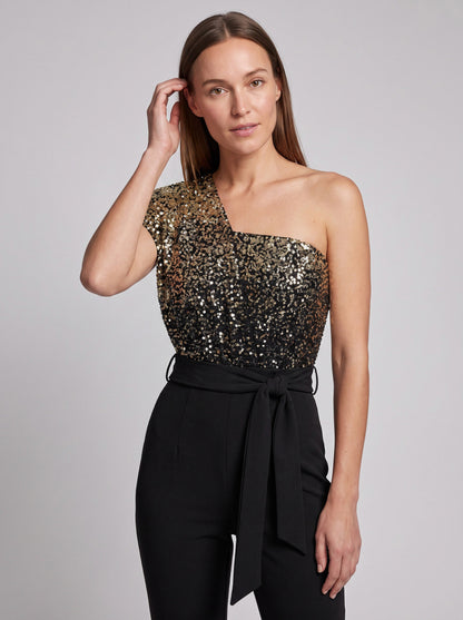 Sequin One Shoulder Tapered Leg Jumpsuit