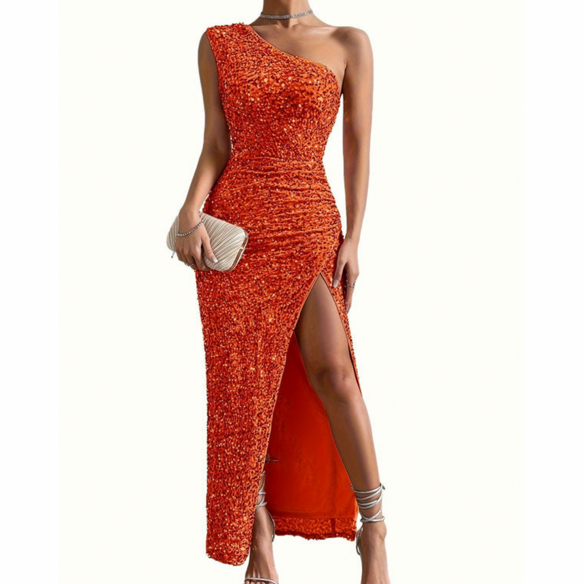 Sequin Ruched Slit Maxi Dress