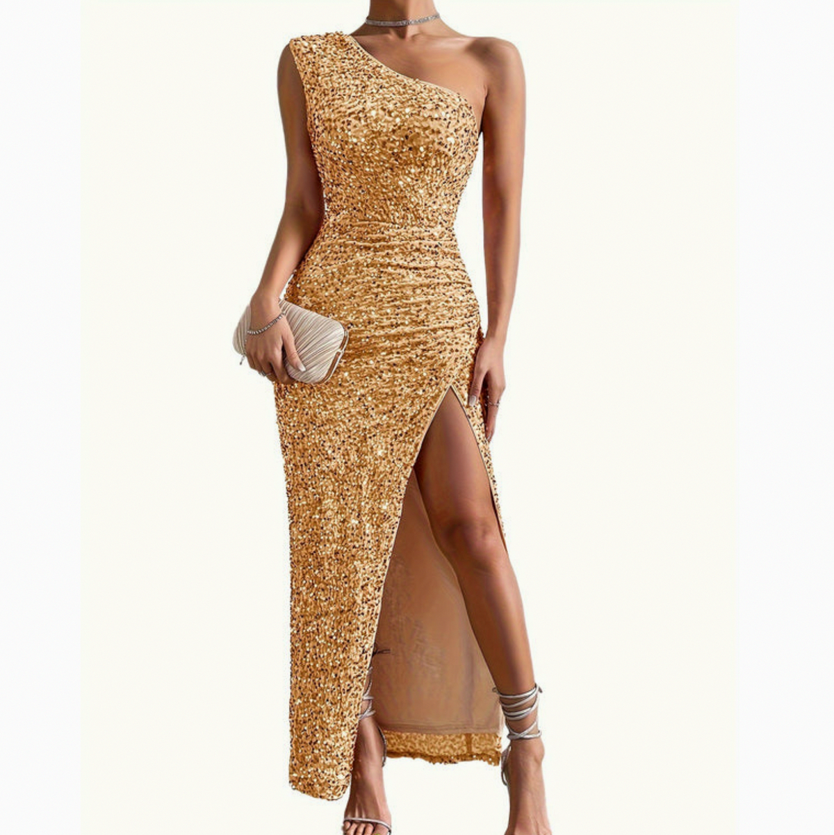 Sequin Ruched Slit Maxi Dress