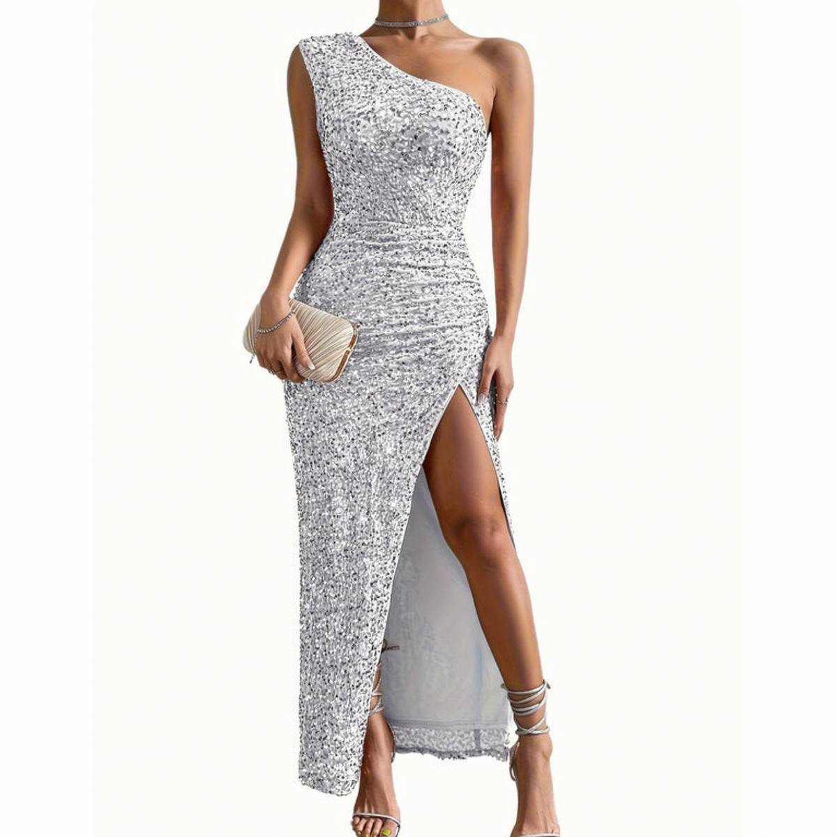 Sequin Ruched Slit Maxi Dress