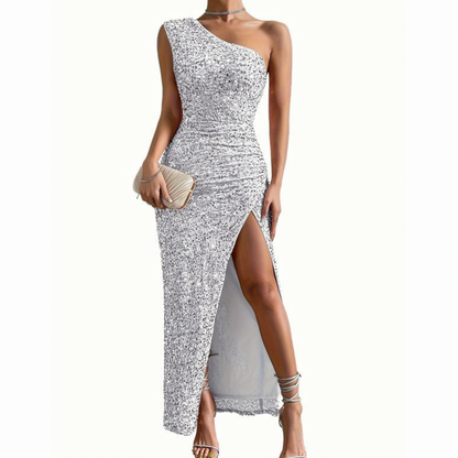 Sequin Ruched Slit Maxi Dress