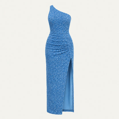 Sequin Ruched Slit Maxi Dress