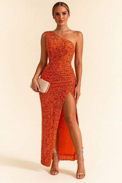 Sequin Ruched Slit Maxi Dress