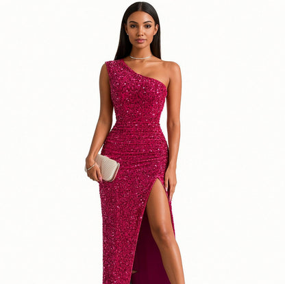 Sequin Ruched Slit Maxi Dress