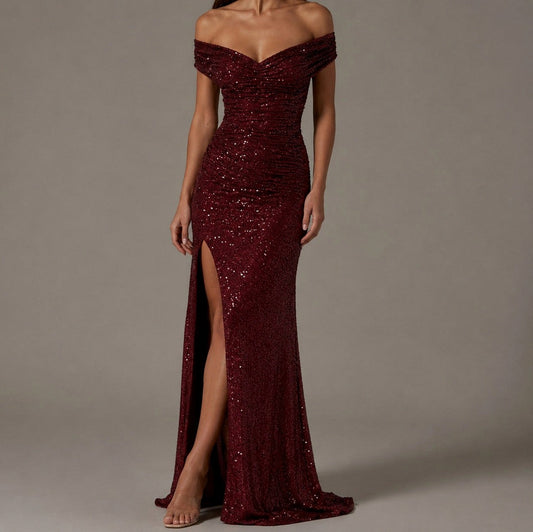Sequin Ruched Split Maxi Dress