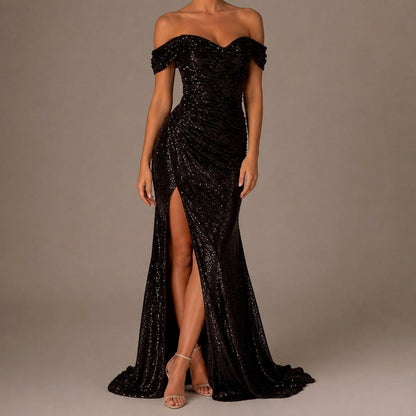 Sequin Ruched Split Maxi Dress