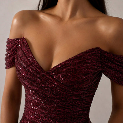 Sequin Ruched Split Maxi Dress