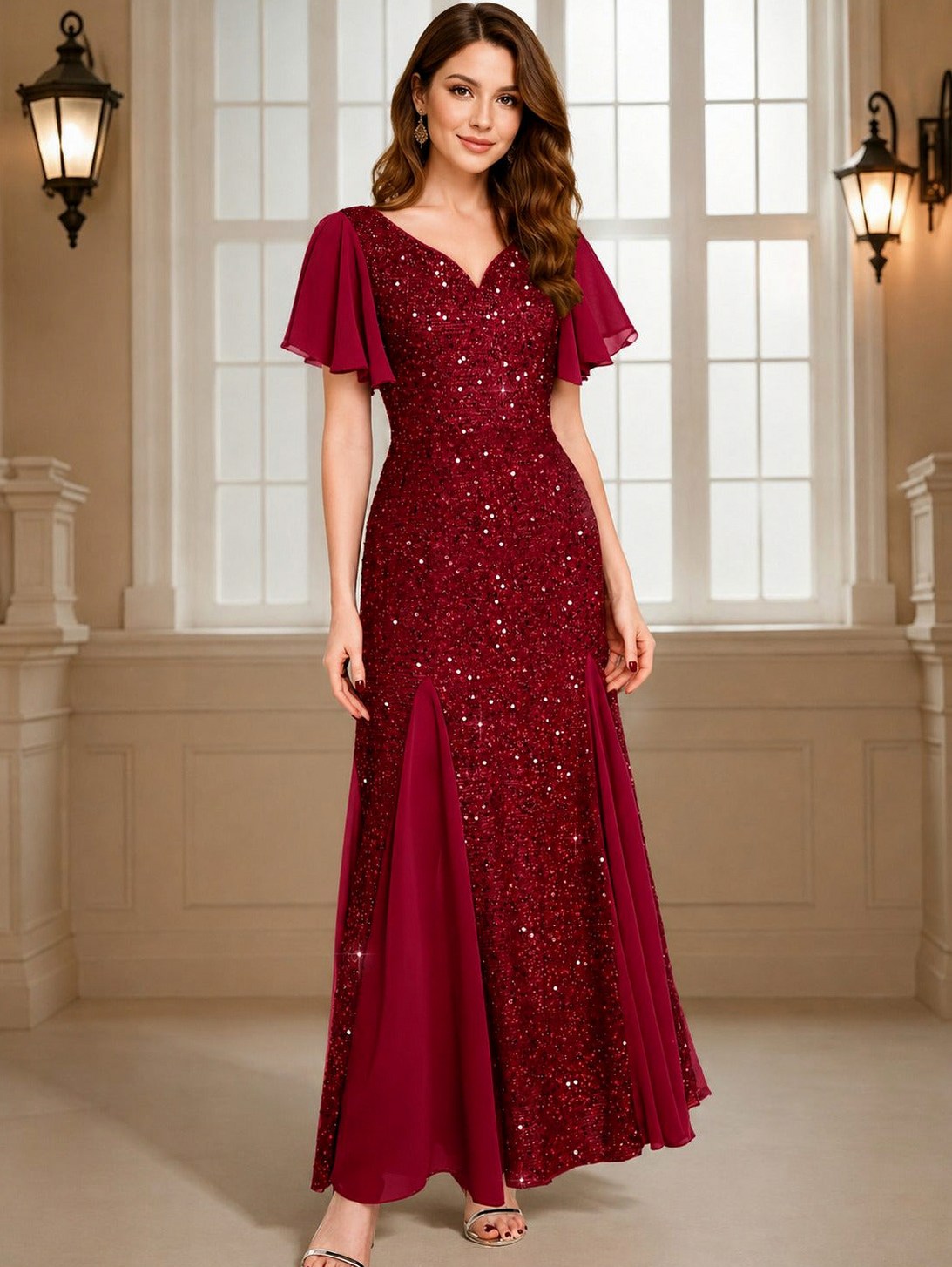 Sequin Short Sleeve Godet Maxi Dress