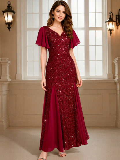 Sequin Short Sleeve Godet Maxi Dress