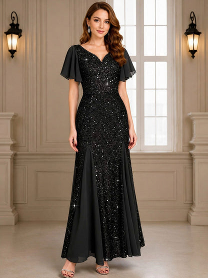 Sequin Short Sleeve Godet Maxi Dress