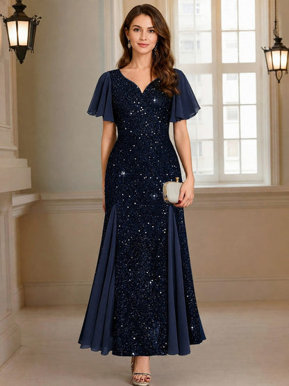 Sequin Short Sleeve Godet Maxi Dress