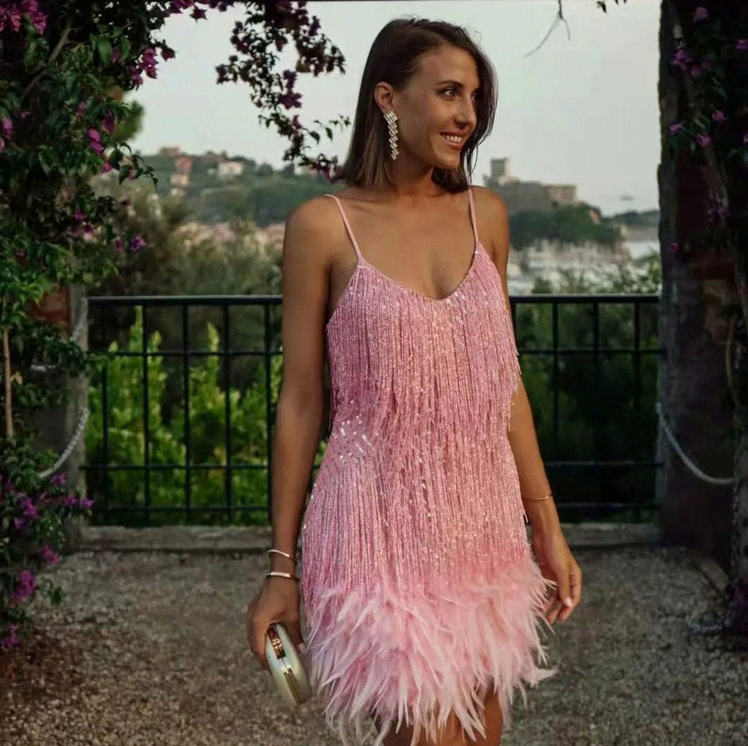 Sequin Spaghetti Strap Feather Mini Dress