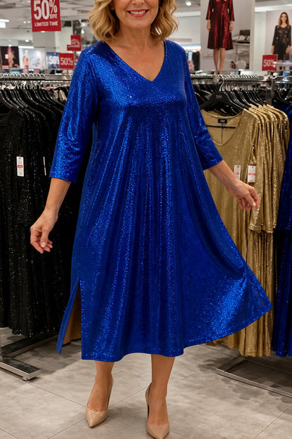 Sequin Three Quarter Sleeve Midi Dress