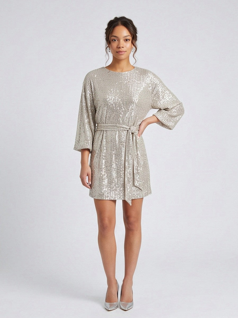 Sequin Wide Sleeve Belted Mini Dress