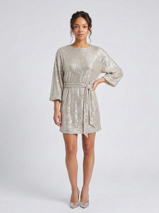 Sequin Wide Sleeve Belted Mini Dress