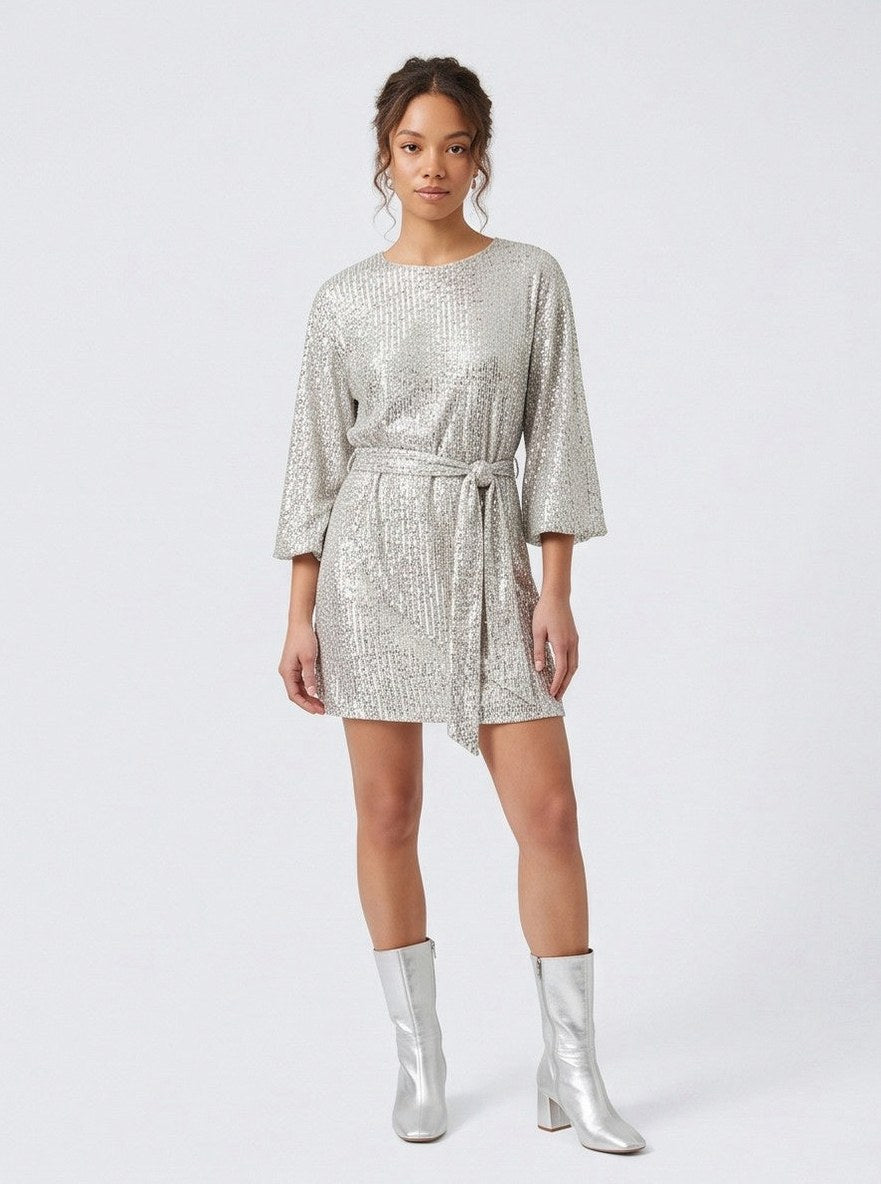Sequin Wide Sleeve Belted Mini Dress