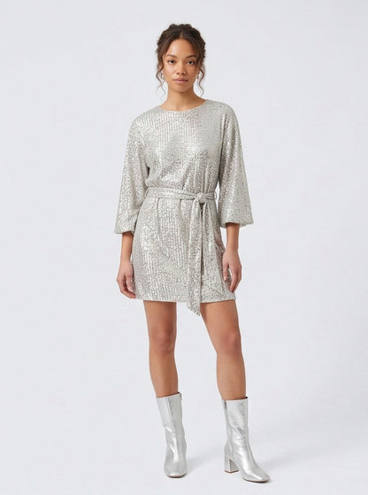 Sequin Wide Sleeve Belted Mini Dress