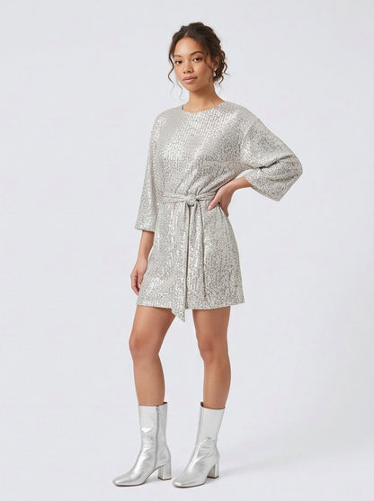 Sequin Wide Sleeve Belted Mini Dress