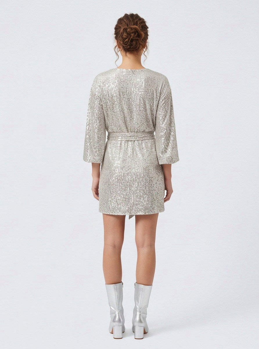 Sequin Wide Sleeve Belted Mini Dress