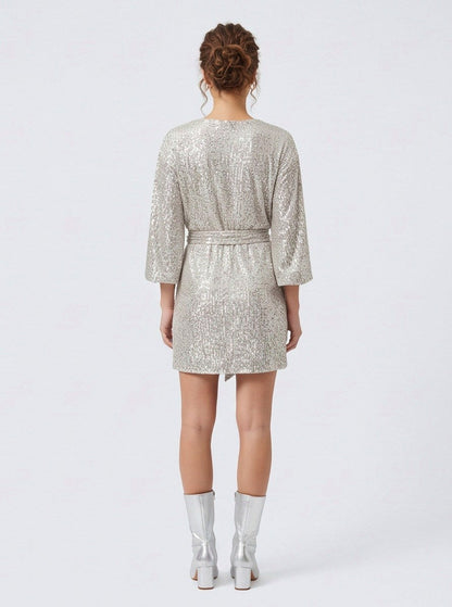 Sequin Wide Sleeve Belted Mini Dress