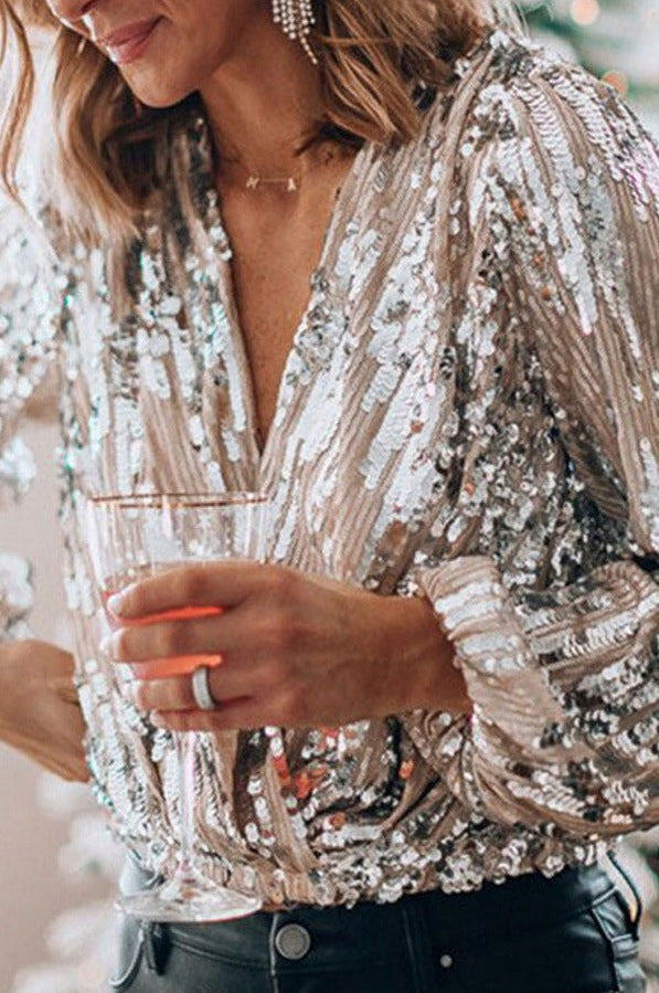 Sequin Wrap Long Sleeve Blouse