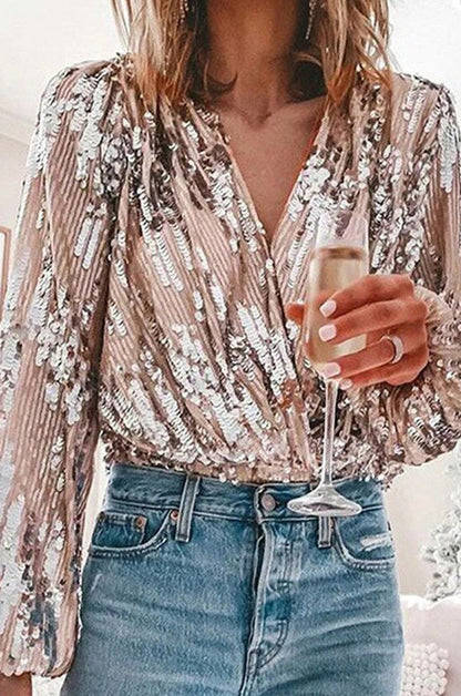 Sequin Wrap Long Sleeve Blouse