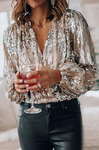 Sequin Wrap Long Sleeve Blouse