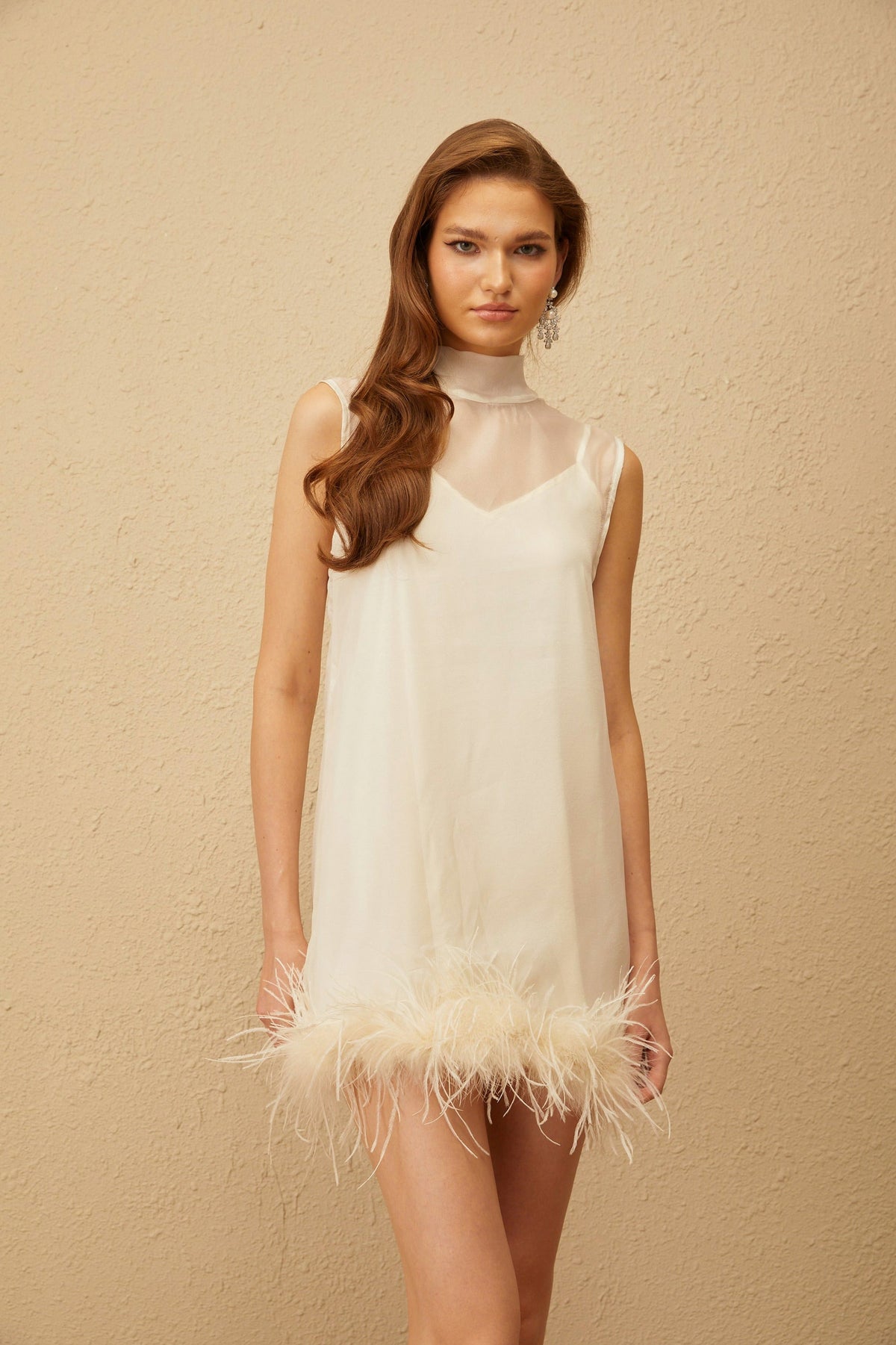 Sleeveless Feather Hem Mini Dress