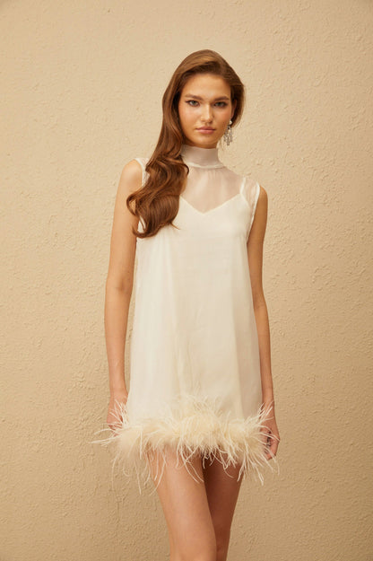 Sleeveless Feather Hem Mini Dress
